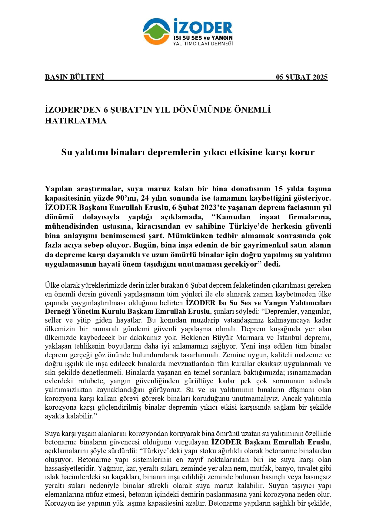 6 Şubat Depremi Yıl Dönümü Basın Bülteni